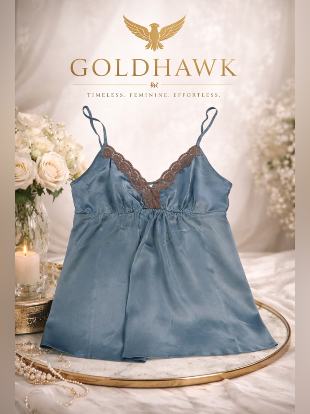 NWT Gold Hawk Camisole in Niagara Blue Silk with Lace Trim Size Medium
